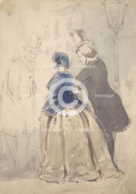 Street Scene from Vanity Fair, with Amelia, George Osborne and Dobbin (recto)..., 1800-1819. Creator: (?) Jerry Barret.
