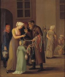 Street scene in Copenhagen, young woman buying lace from a Jewish trader, 1798-1802. Creator: Unknown