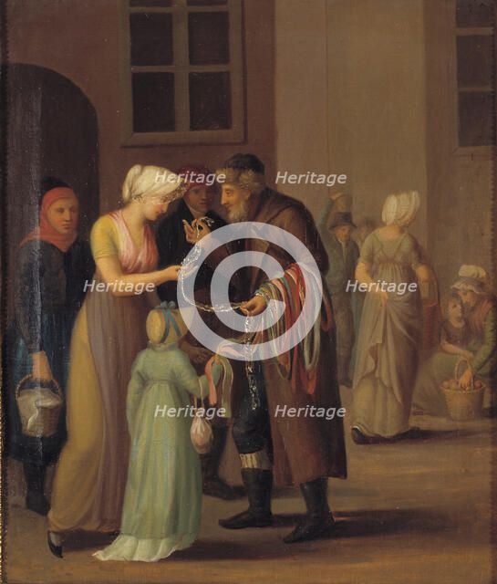 Street scene in Copenhagen, young woman buying lace from a Jewish trader, 1798-1802. Creator: Unknown.