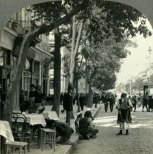 Street Scene Showing Peasant Woman and Sidewalk Coffee-House, Sofia, Bulgaria c1930s. Creator: Unknown