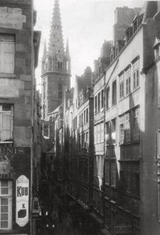 Street scene, showing the cathedral spire, St Malo, Brittany, France, 20th century