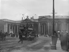 Street scene with electric tram in front of old Irish Paliament building, Dublin, Ireland, c1895. Creator: Robert Augustus Henry L'Estrange