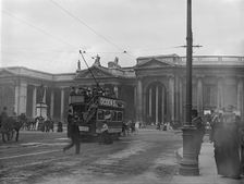 Street scene with electric tram in front of old Irish Paliament building, Dublin, Ireland, c1895. Creator: Robert Augustus Henry L'Estrange