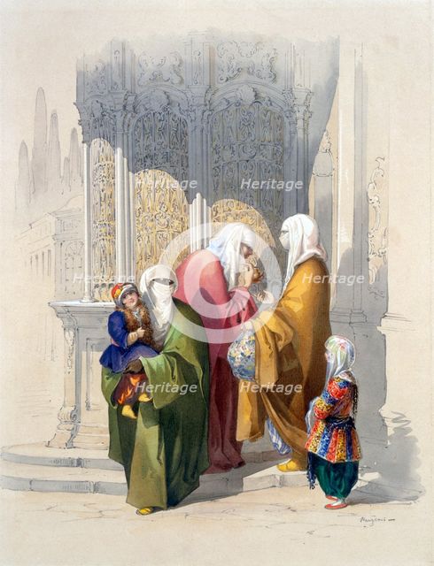 Street scene with passers-by including a poor black African woman and child, pub. 1865. Creator: Amadeo Preziosi (1816-82).