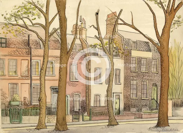 Street scene with trees, c1950. Creator: Shirley Markham.
