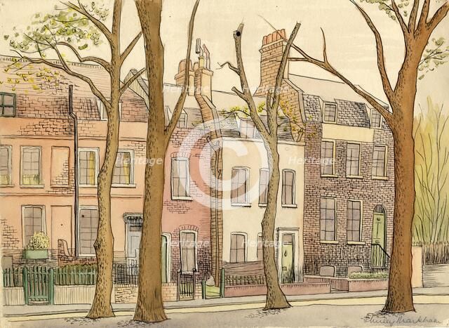 Street scene with trees, c1950. Creator: Shirley Markham.