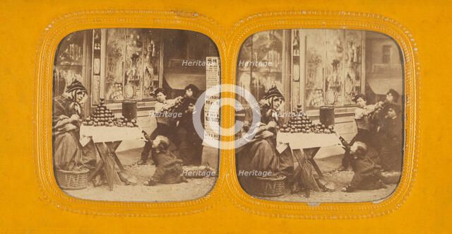 Street scene: woman selling apples, group of children nearby, one trying to steal..., 1860s. Creator: E Lamy.