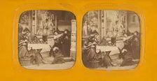 Street scene: woman selling apples, group of children nearby, one trying to steal..., 1860s. Creator: E Lamy