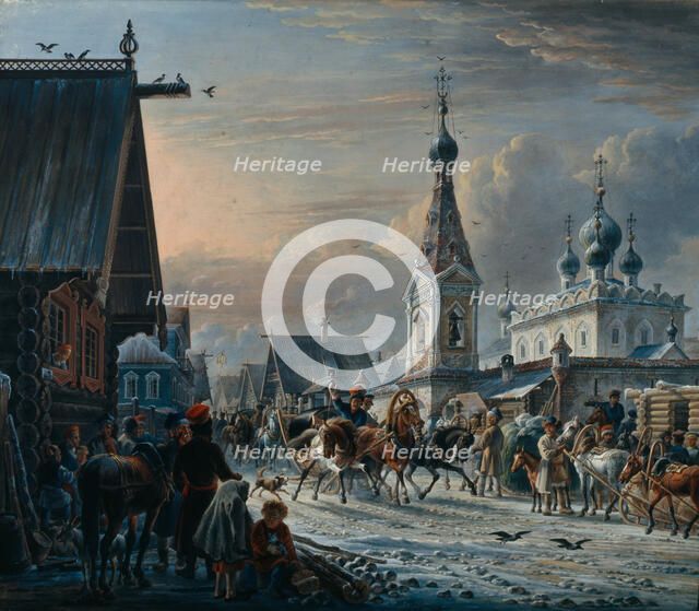 Street with Mail Coaches, 1829. Artist: Orlowski, Alexander Osipovich (1777-1832)