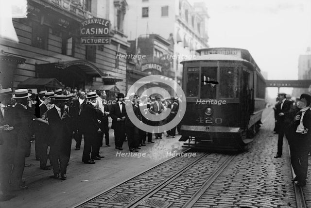 Streetcar railway strike, 1916 - Stopping cars, between c1915 and c1920. Creator: Bain News Service.