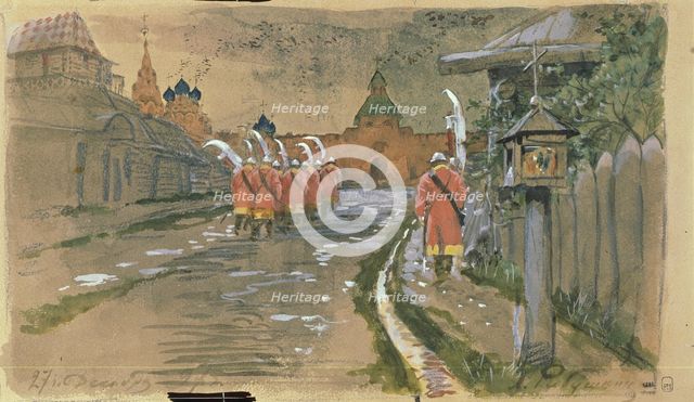 Strelets Patrol at the Ilyinsky Gates in Old Moscow, 1897. Artist: Ryabushkin, Andrei Petrovich (1861-1904)