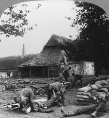 Stretcher bearers caring for wounded at an improvised first aid post, World War I, c1914-c1918. Artist: Realistic Travels Publishers