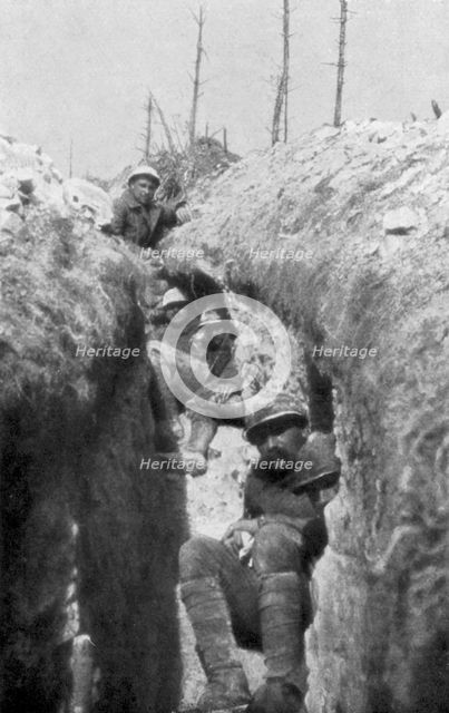 Stretcher-bearers in a trench, south of Cornillet, First World War, 20 May 1917. Artist: Unknown
