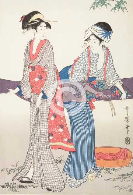 Stretching Wet Cloth (image 1 of 3), late 18th-early 19th century. Creator: Kitagawa Utamaro.