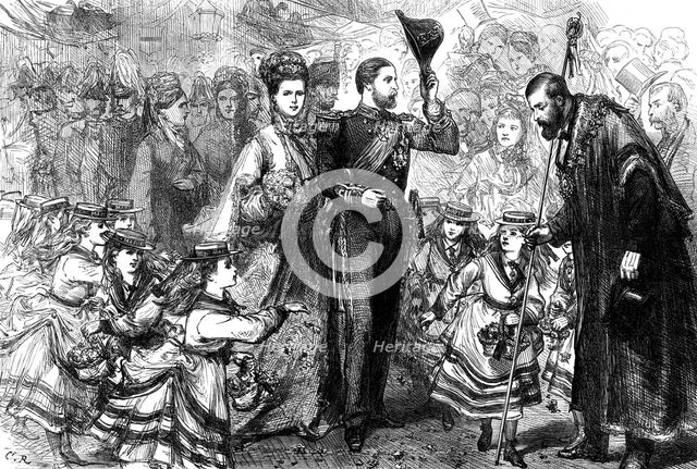 Strewing flowers before the Duke and Duchess of Edinburgh at Gravesend, 1874. Creator: Unknown.