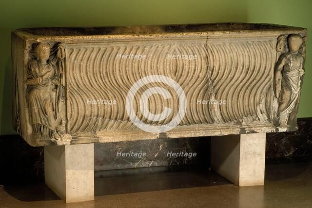 Strigilated Sarcophagus with Figures of Salus & Asclepius, 3rd century. Creator: Unknown.