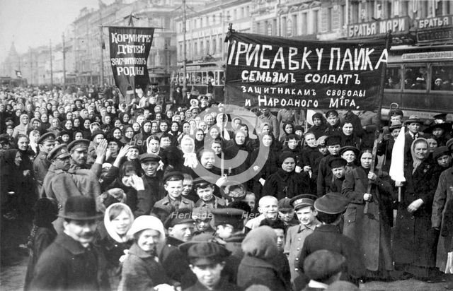 Striking Putilov workers on the first day of the February Revolution, St Petersburg, Russia, 1917. Artist: Anon