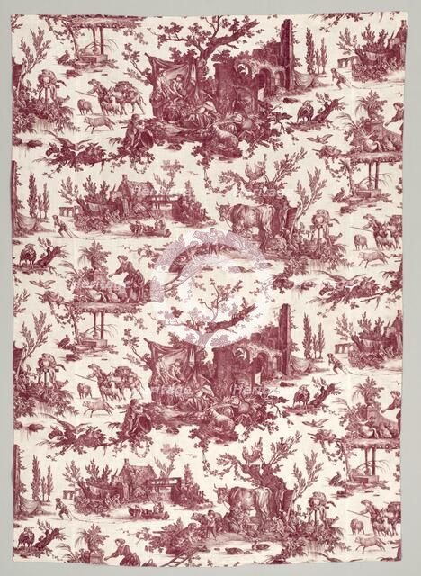 Strip of Copperplate Printed Cotton with "Les plaisirs de la ferme" Design, 1785-1790. Creator: Christophe Philippe Oberkampf (French, 1738-1815), firm of ; Jean-Baptiste Marie Hüet (French, 1745-1811).