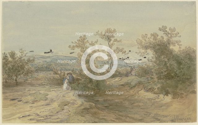 Strollers on a road through a shrub-covered plain, c1850-1905. Creator: Anton Burger.