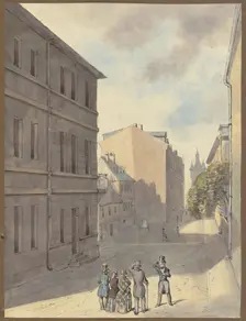 Strollers on Hochstrasse in Frankfurt am Main, the Eschenheimer Tower in the background, (1846?). Creator: Monogrammist MvF