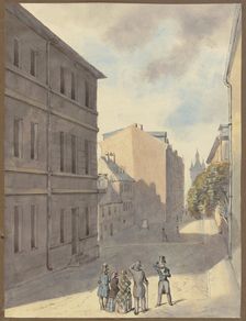 Strollers on Hochstrasse in Frankfurt am Main, the Eschenheimer Tower in the background, (1846?). Creator: Monogrammist MvF
