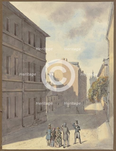 Strollers on Hochstrasse in Frankfurt am Main, the Eschenheimer Tower in the background, (1846?). Creator: Monogrammist MvF.