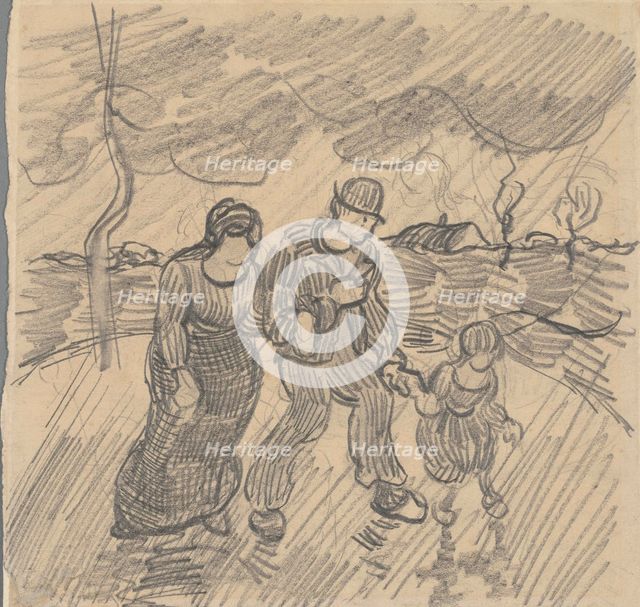 Strolling couple with child on a road in the rain, 1890.