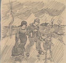 Strolling couple with child on a road in the rain, 1890