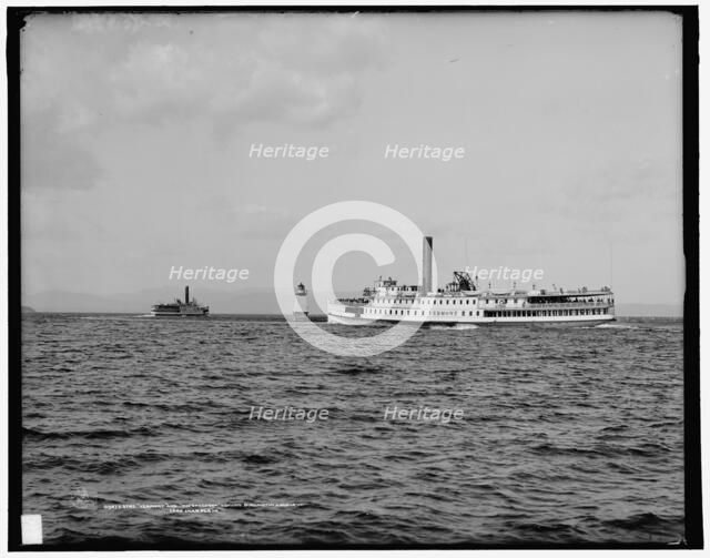 Strs. Vermont and Ticonderoga leaving Burlington harbor, Vt., Lake Champlain, c1907. Creator: Unknown.