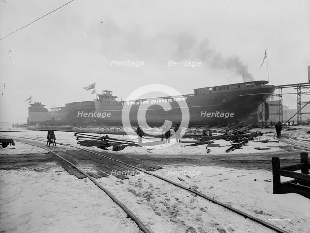 Strs. A.D. MacTier and F.P. Jones on the ways, 1913 Mar 8. Creator: Unknown.