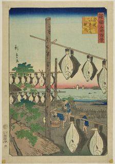 Strung-up Flounder, Wakasa Province (Wakasa karei o sasu) from the series "One Hundred Fam..., 1859. Creator: Utagawa Hiroshige II
