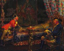 Struensee and Caroline Mathilde at the dead body of Queen Sofie Magdalene, 1910. Creator: Zahrtmann, Kristian (1843-1917)