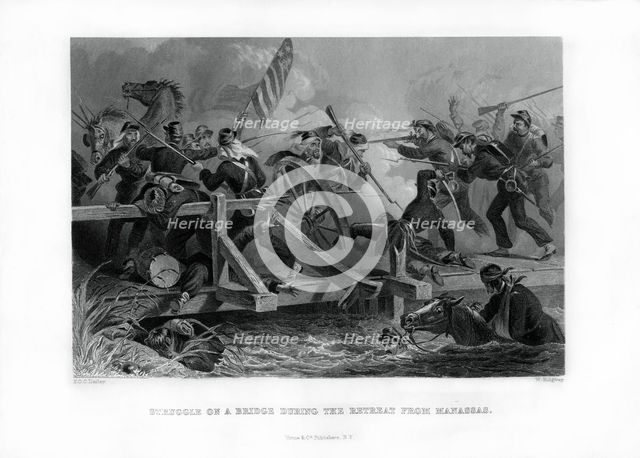 Struggle on a bridge during the retreat from Manassas, Virginia, (1862-1867).Artist: Felix Octavius Carr Darley