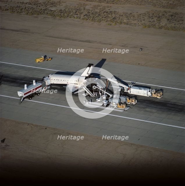 STS-58 post-landing scene as orbiter is serviced, California, USA, November 1, 1993. Creator: NASA.