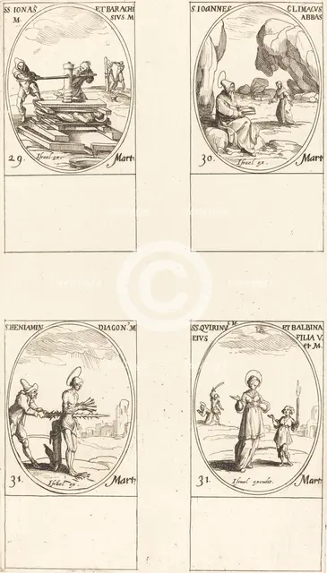 Sts. Jonas & Barachisius; St. John Climacus, Abbot; St. Benjamin; Sts. Quirinus & Bal. Creator: Jacques Callot.