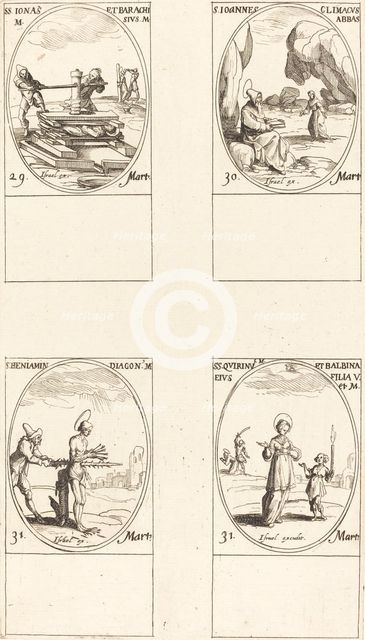 Sts. Jonas & Barachisius; St. John Climacus, Abbot; St. Benjamin; Sts. Quirinus & Bal. Creator: Jacques Callot.