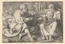 Sts. Peter and Paul Seated in a Landscape, 1527. Creator: Lucas van Leyden