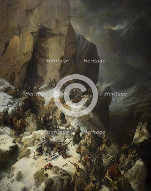Suvorov crossing the Panix Pass, 1860. Artist: Kotzebue, Alexander von (1815-1889)