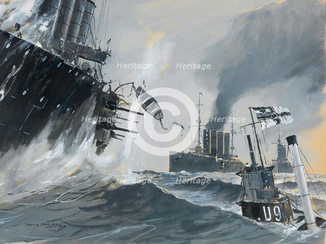 Submarines and warships: the journeys of HMS Aboukir, Hogue and Cressy, 1914. Creator: Heusser, Heinrich (Harry) (1886-1943).