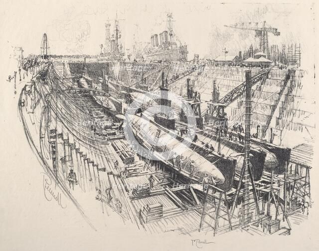 Submarines in Dry Dock, 1917. Creator: Joseph Pennell.