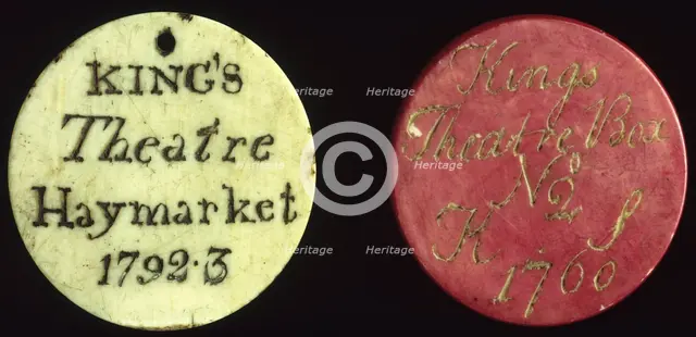 Subscription tokens for the King's Theatre, Haymarket, London, 18th century. Creator: Unknown.