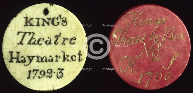 Subscription tokens for the King's Theatre, Haymarket, London, 18th century. Creator: Unknown.