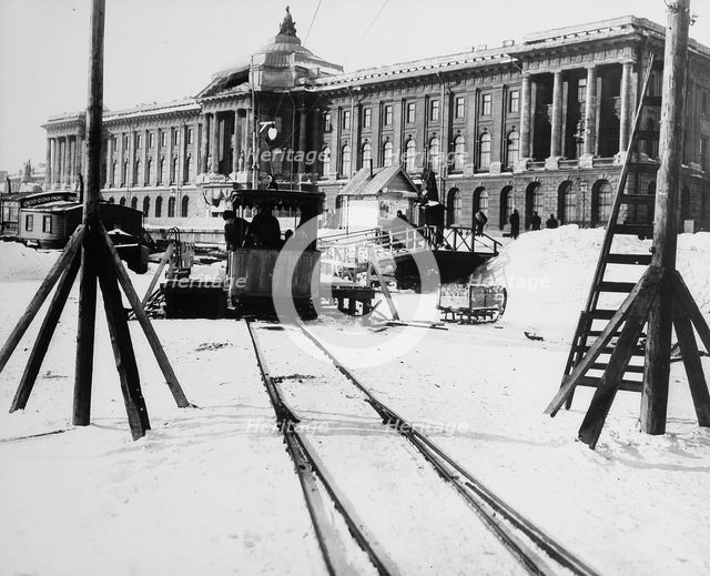 Suburban train station in fornt of the Academy of Arts, St Petersburg, Russia, c1896-c1898. Artist: Unknown