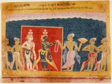Sudama Offers a Garland to Krishna, Folio from a Bhagavata Purana..., between 1550 and 1575. Creator: Unknown