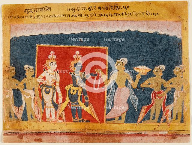 Sudama Offers a Garland to Krishna, Folio from a Bhagavata Purana..., between 1550 and 1575. Creator: Unknown.