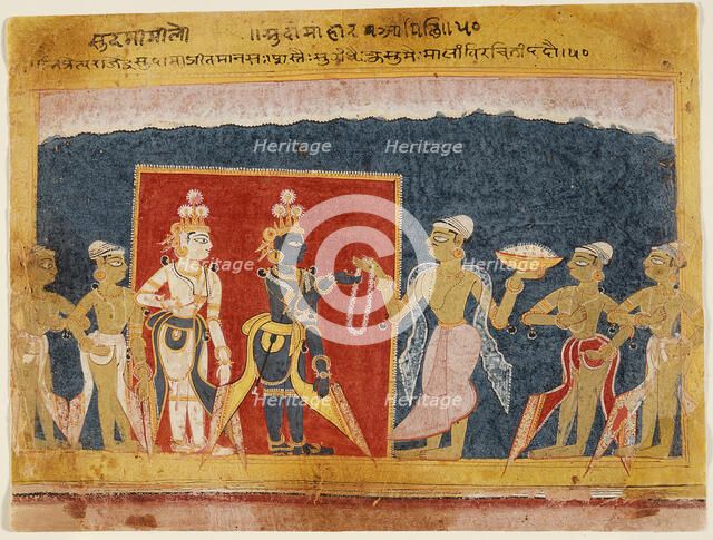 Sudama Offers a Garland to Krishna, Folio from a Bhagavata Purana..., between 1550 and 1575. Creator: Unknown.