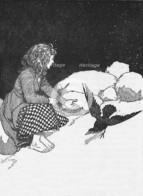 'Suddenly a Large Raven Hopped Upon the Snow in front of her', c1930. Artist: W Heath Robinson.