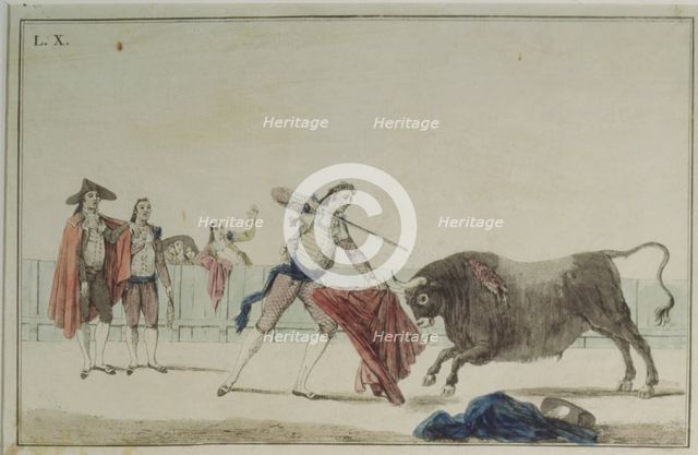  'Suerte de Matar' (Bullfighting stage), colored engraving by Antonio Carnicero.