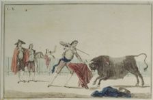 Suerte de Matar (Bullfighting stage), colored engraving by Antonio Carnicero