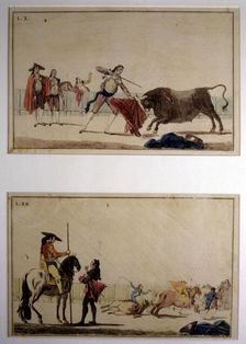 Suerte de Matar (Bullfighting stage), colored engraving by Antonio Carnicero